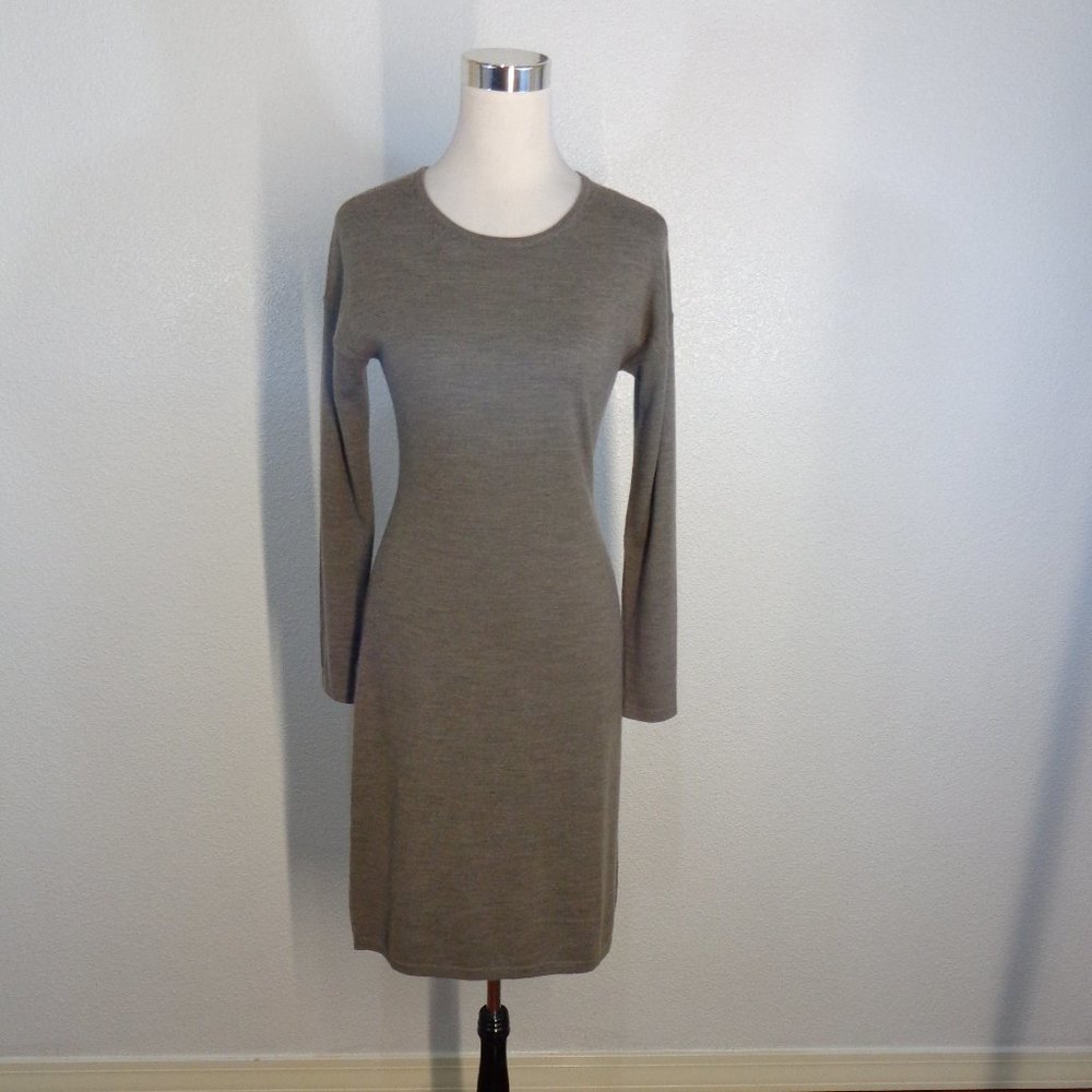 Garnet Hill Sweater Dress Womens XS Tan Knit Merino Wool Crew Neck Long Sleeve